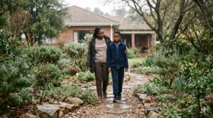 A South African mother and child taking a gentle walk outdoors during early recovery after the Nuss procedure.