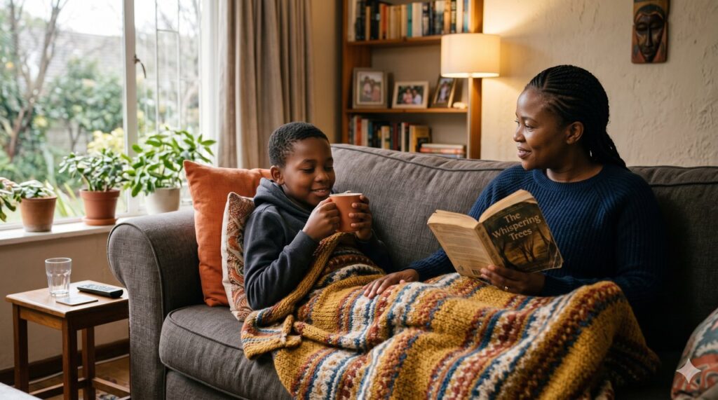 A South African child recovering at home with a parent during the winter school holidays after pectus surgery.