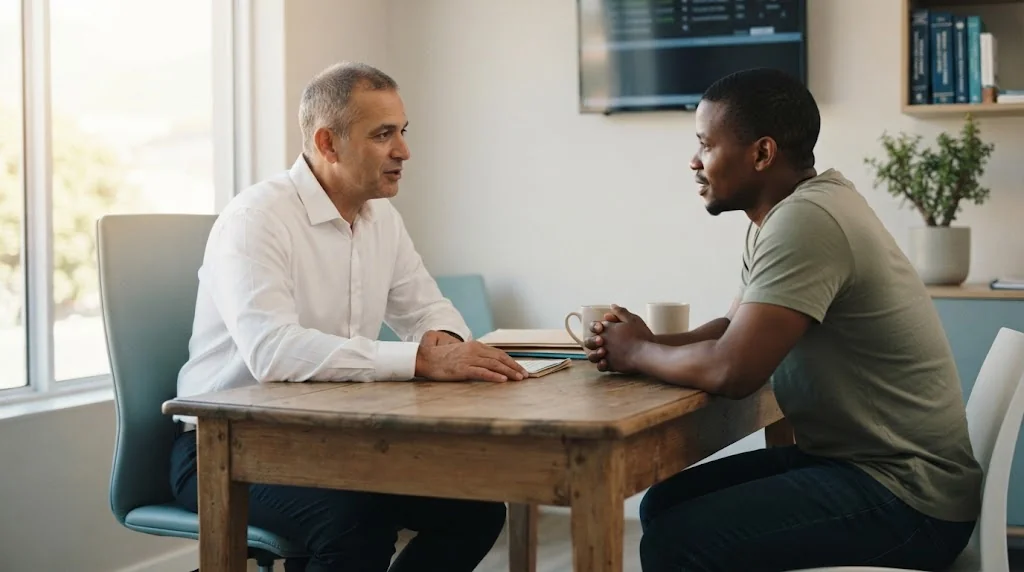 Cardiothoracic surgeon consulting with an adult patient about chest wall repair
