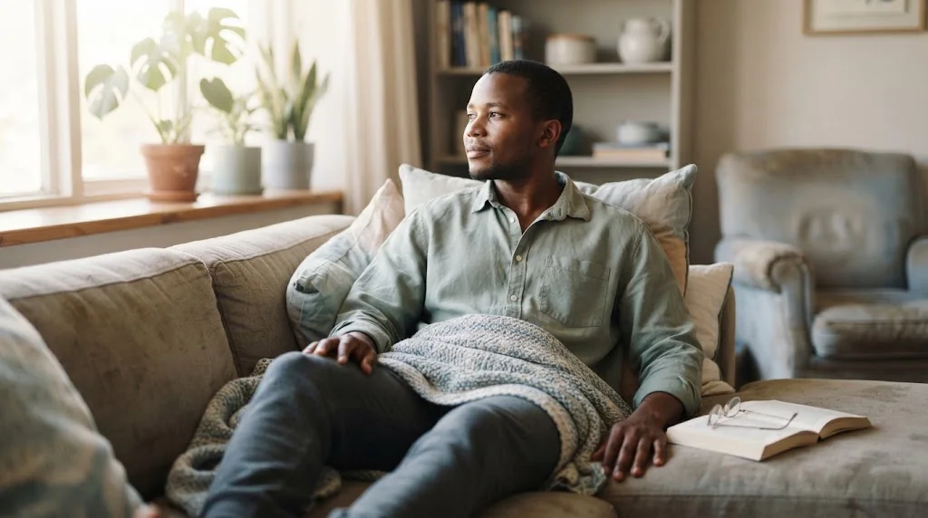 Adult recovering at home in the first weeks after pectus surgery