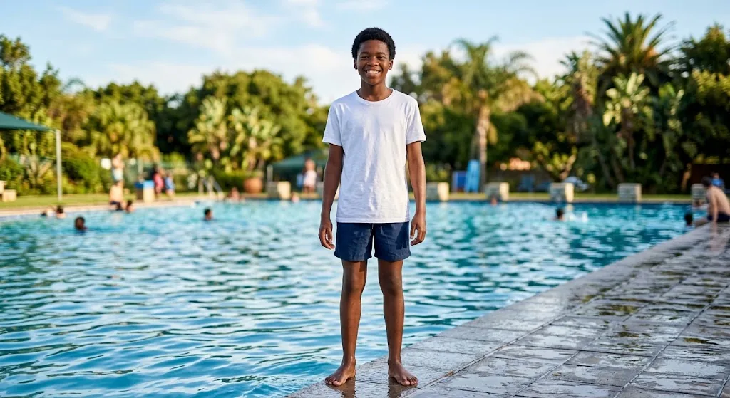 Confident teenager at a swimming pool after pectus carinatum brace treatment