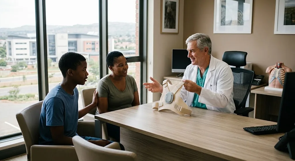 Surgeon explaining a pectus carinatum brace to a teenager and his mother